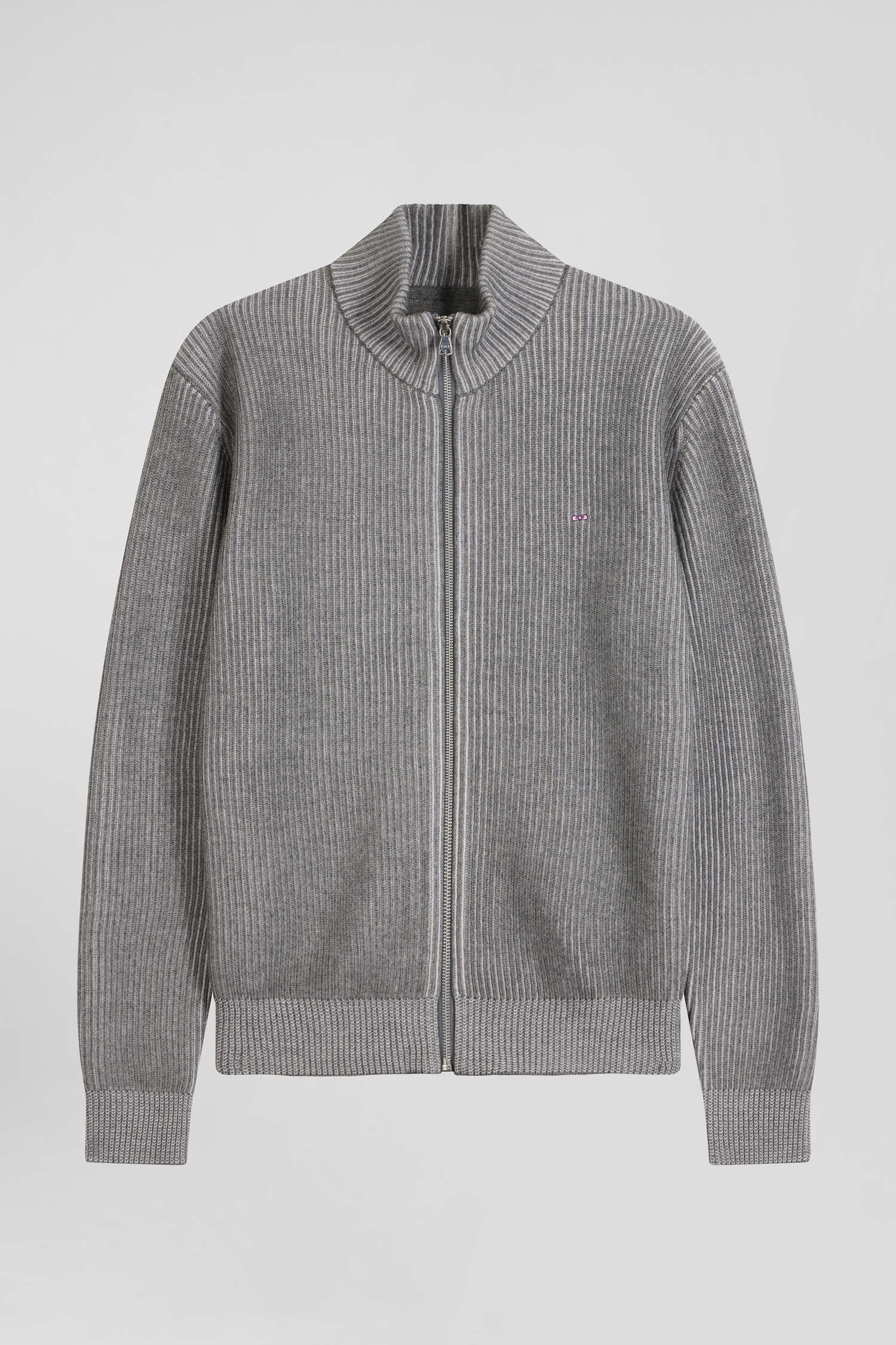 Cardigan zippé en laine et coton gris coupe Regular