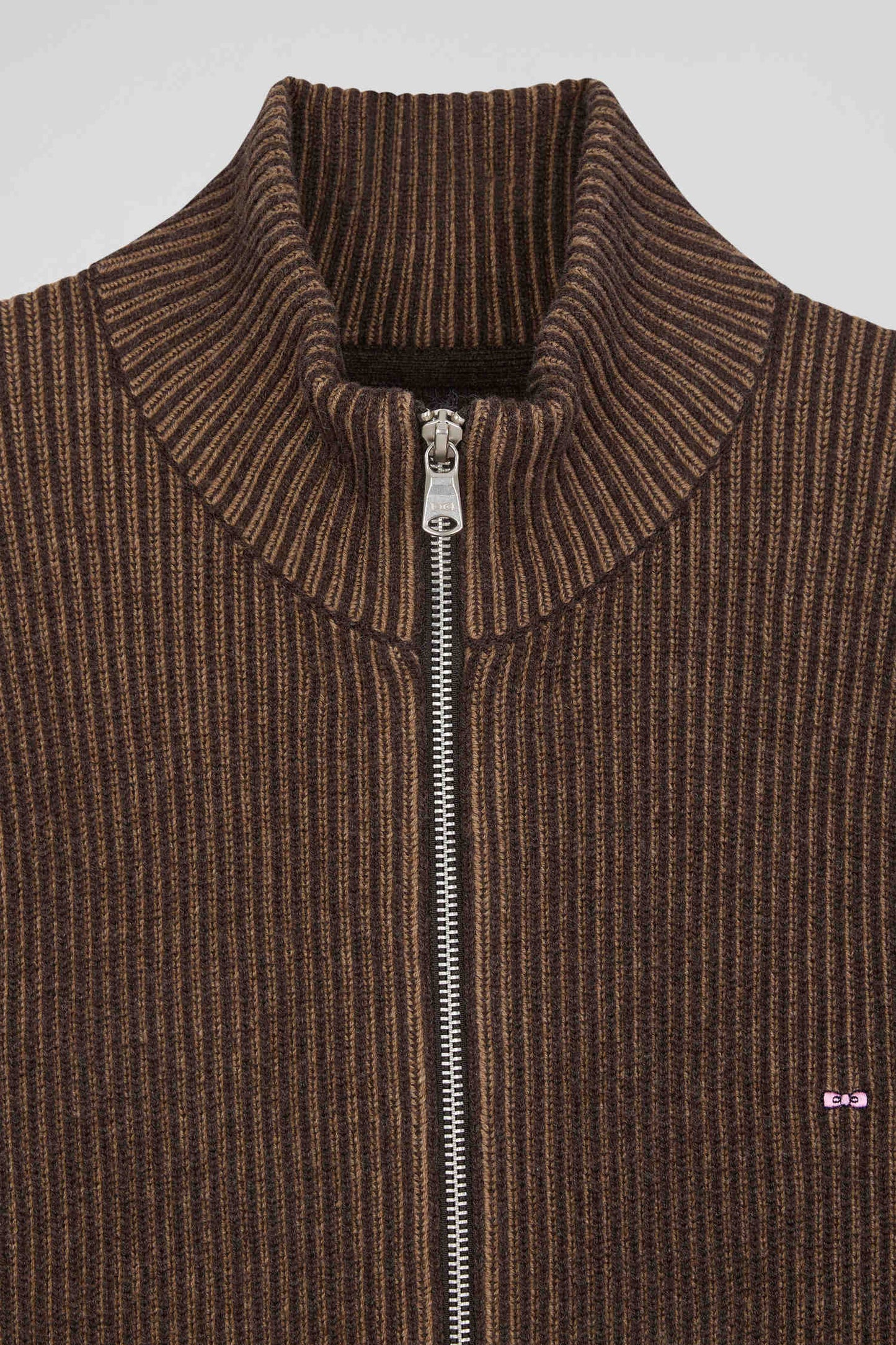 Cardigan zippé en laine et coton marron coupe Regular - Image 8