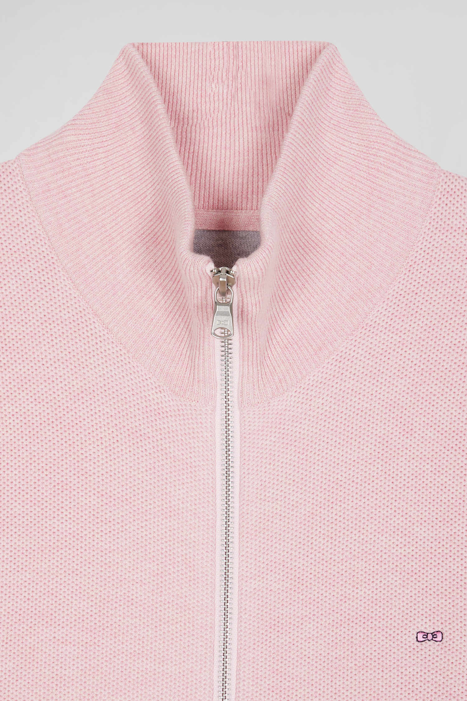 Cardigan zippé à col montant uni rose en coton