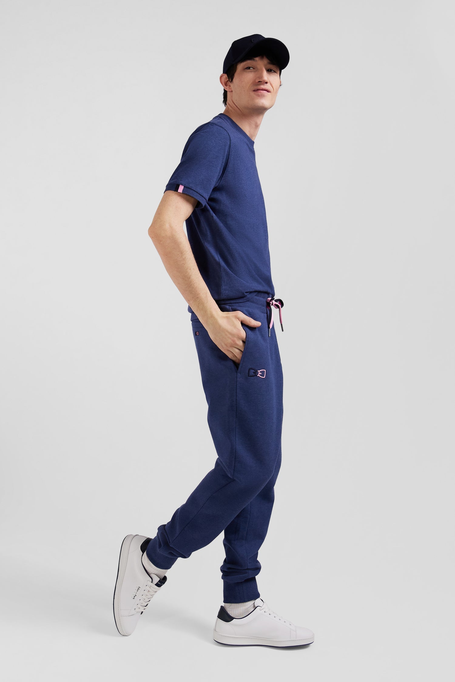 Pantalon jogging en molleton coton gratté bleu marine coupe Regular