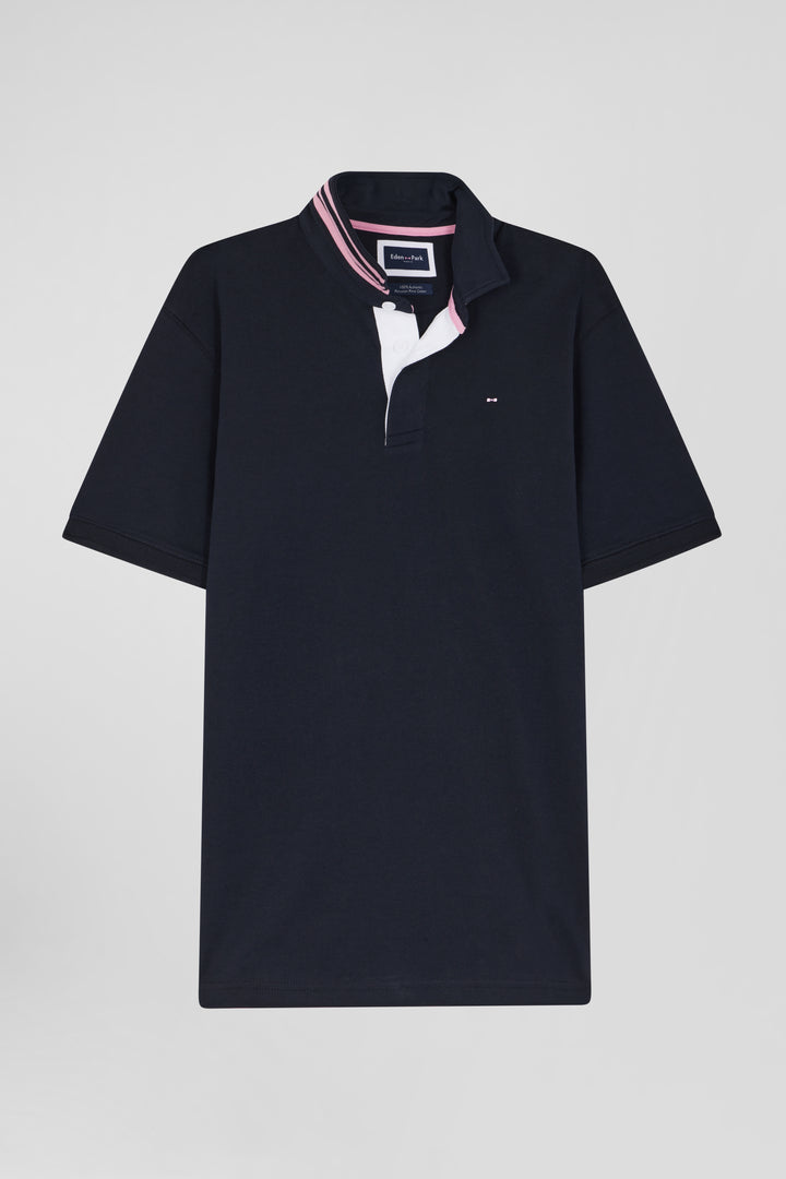 Regular navy blue cotton rugby shirt with striped undercollar