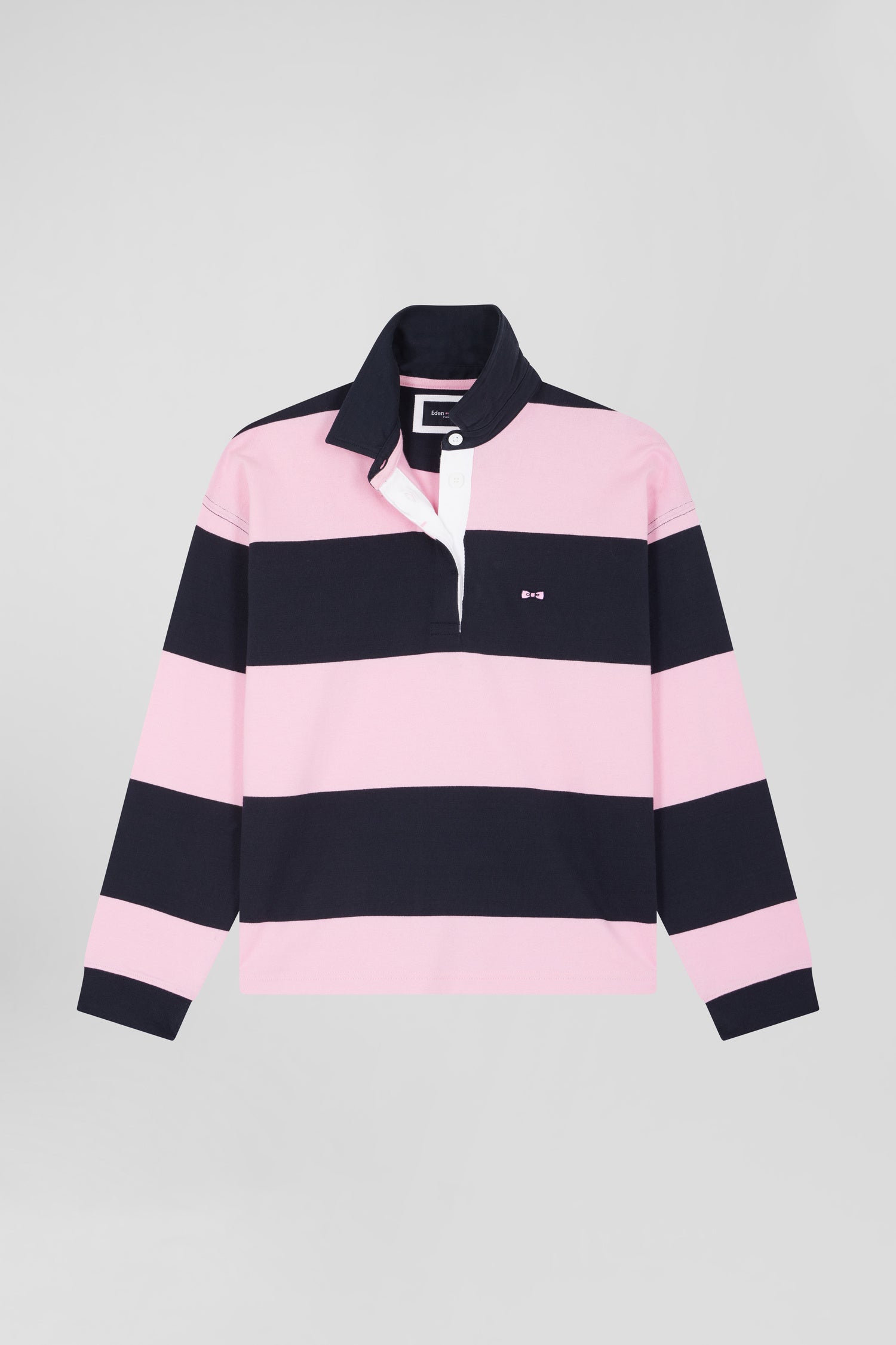 Relaxed navy and pink striped long-sleeved cotton rugby shirt