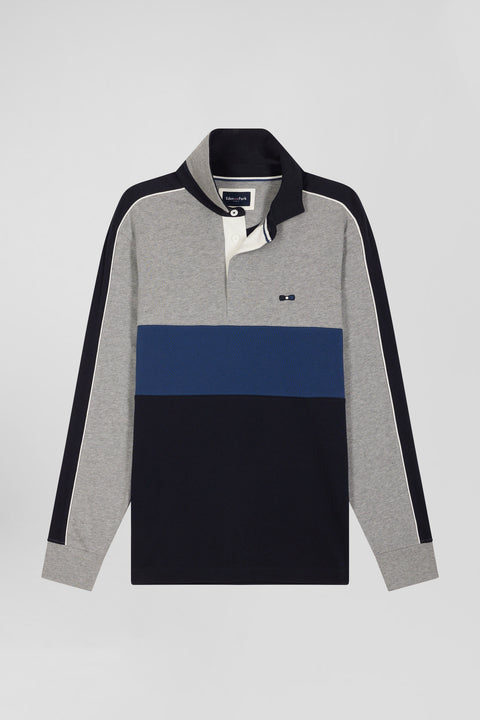 Regular blue and grey colorblock long-sleeved cotton rugby shirt - Image 2
