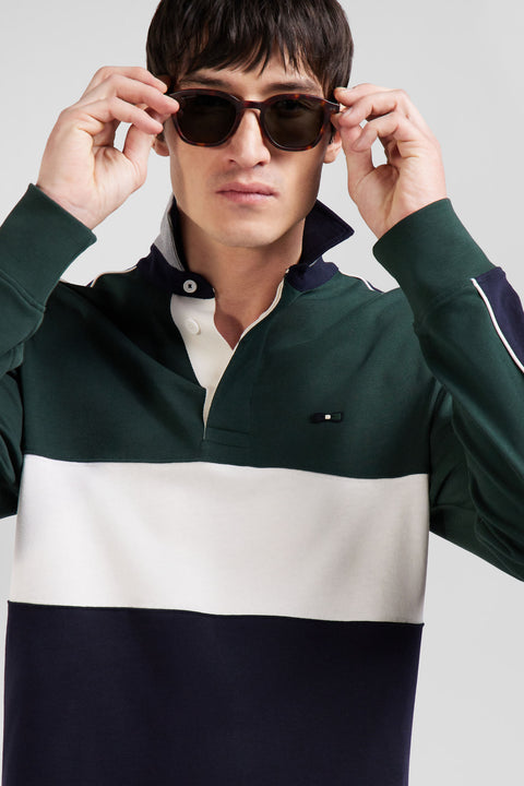 Regular green and navy blue colorblock long-sleeved cotton rugby shirt - Image 3