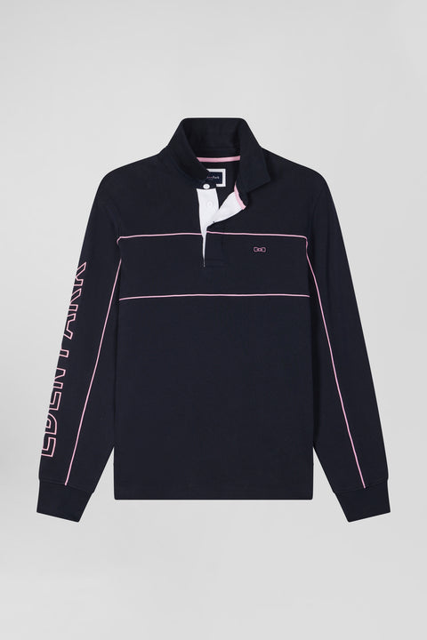 Regular navy long-sleeved cotton rugby shirt with pink piping and Eden Park embroidery - Image 2