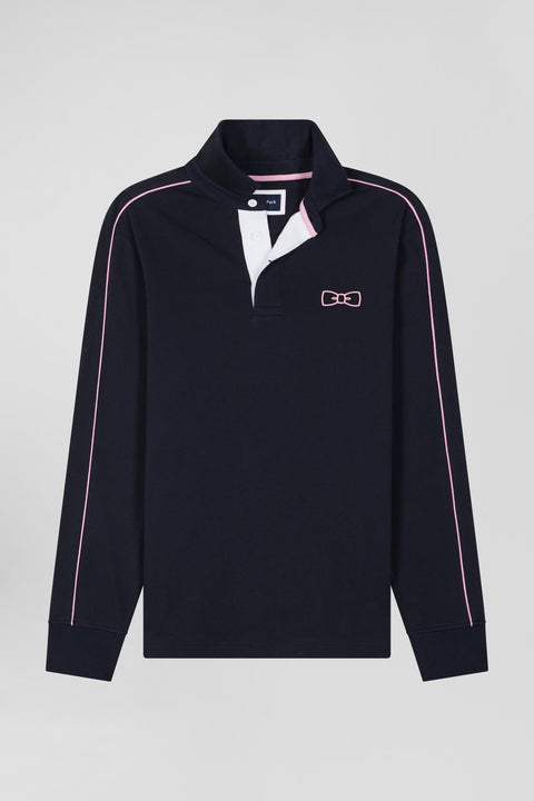 Regular navy blue long-sleeved cotton rugby shirt with pink piping - Image 2