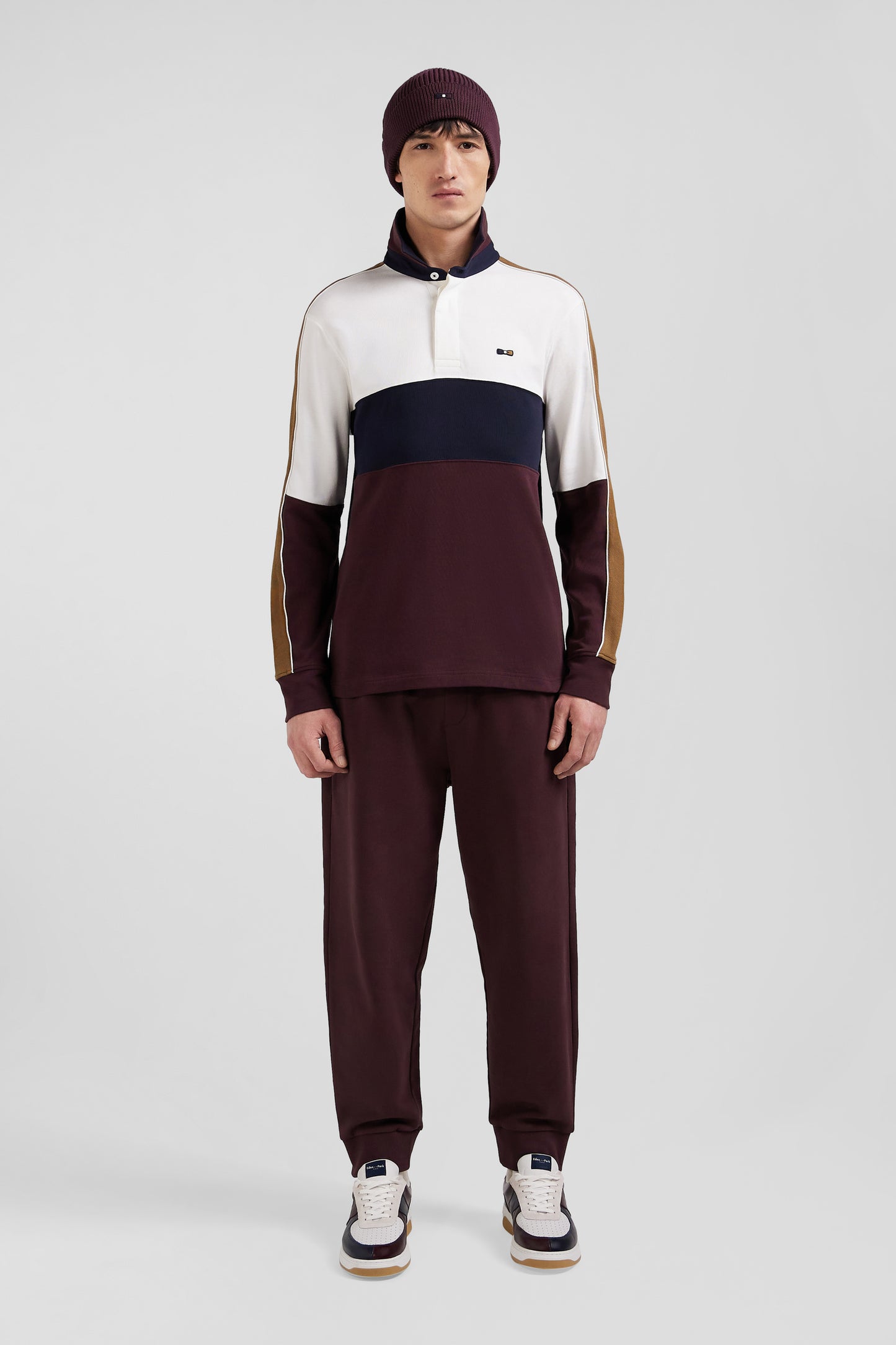 Regular burgundy long-sleeved cotton rugby shirt with back embroidery and piping