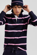 Regular navy blue striped long-sleeved cotton rugby shirt with back embroidery