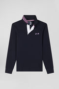 Regular navy blue striped long-sleeved cotton rugby shirt with tie fabric patchwork