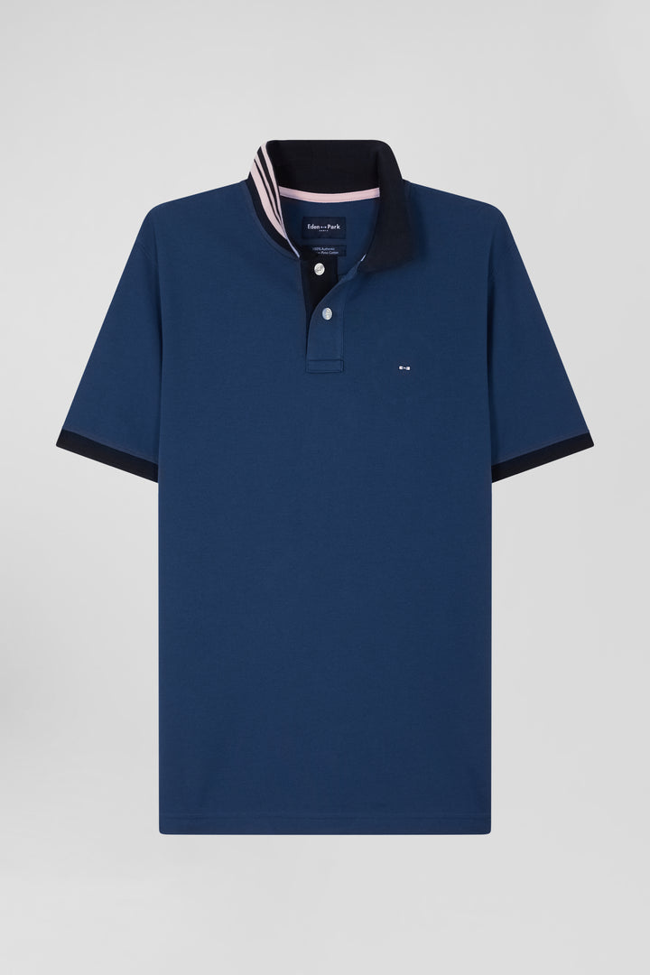 Regular blue short-sleeved cotton piqué polo shirt with contrasting details