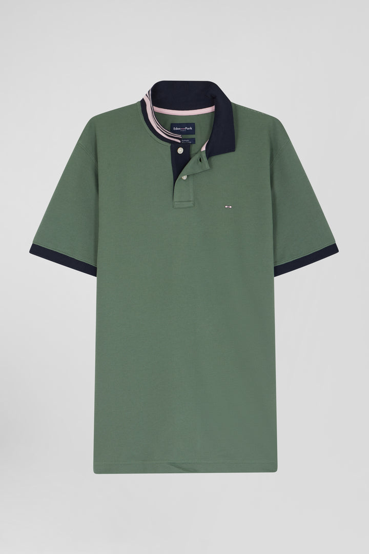 Regular green short-sleeved cotton piqué polo shirt with contrasting details