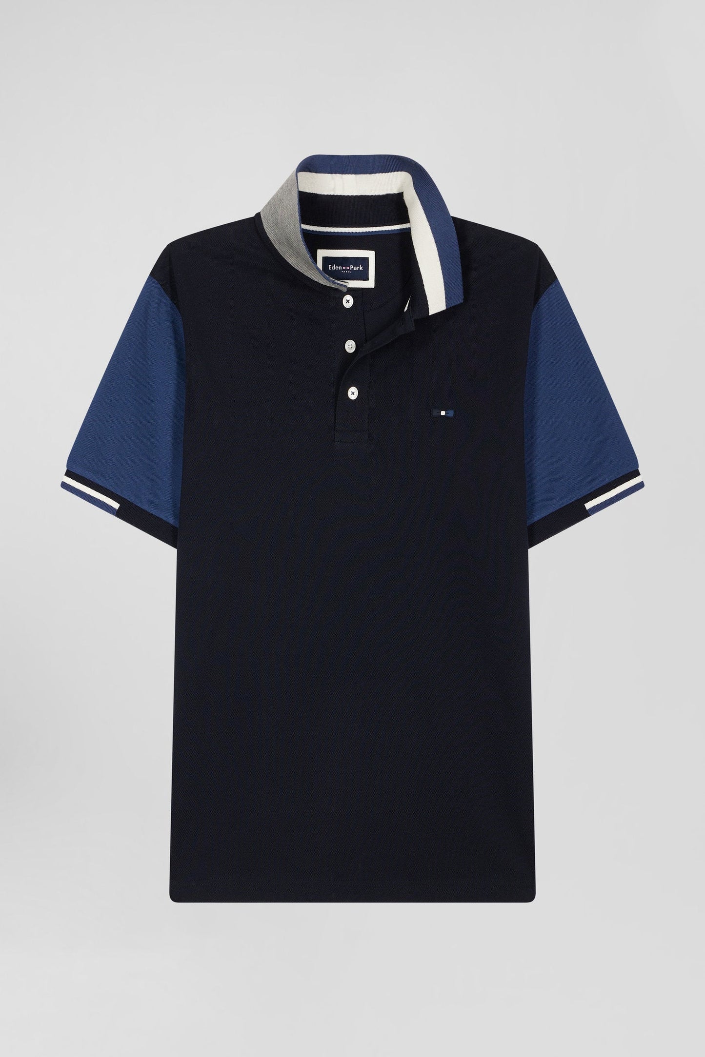 Polo manches courtes en piqué coton bleu marine col jacquard Eden Park coupe Regular - Image 2