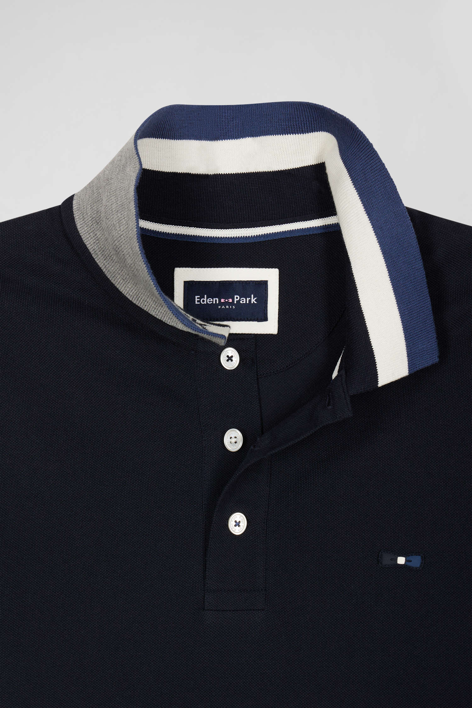 Polo manches courtes en piqué coton bleu marine col jacquard Eden Park coupe Regular