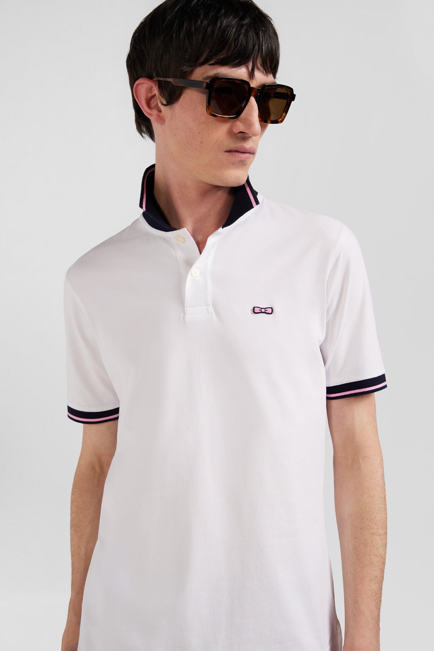 Polo manches courtes en coton stretch blanc col jacquard Eden Park coupe Slim - Image 3