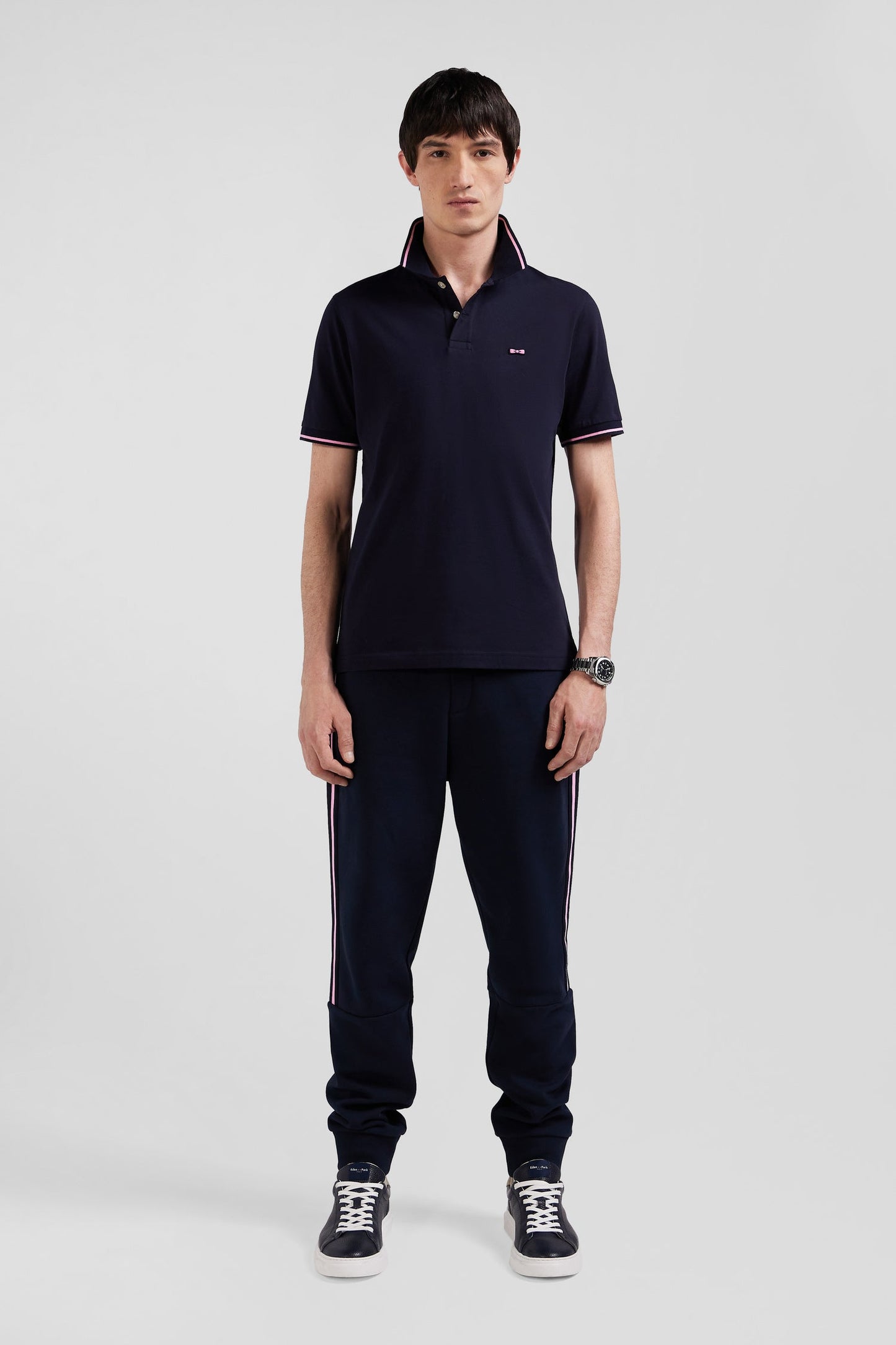 Polo manches courtes en coton stretch bleu marine col jacquard Eden Park coupe Slim - Image 1