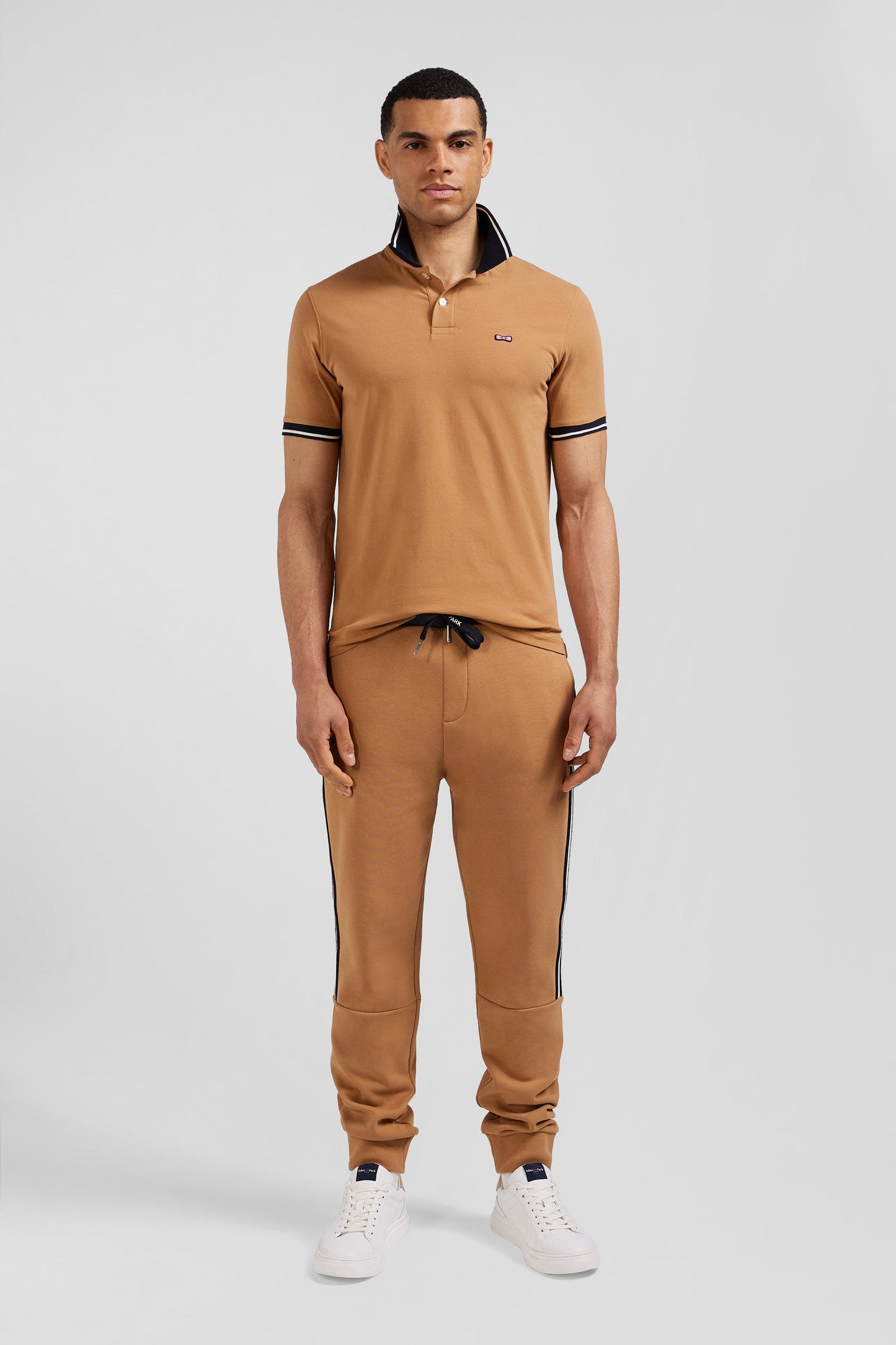 Polo manches courtes en coton stretch camel col jacquard Eden Park coupe Slim - Image 1