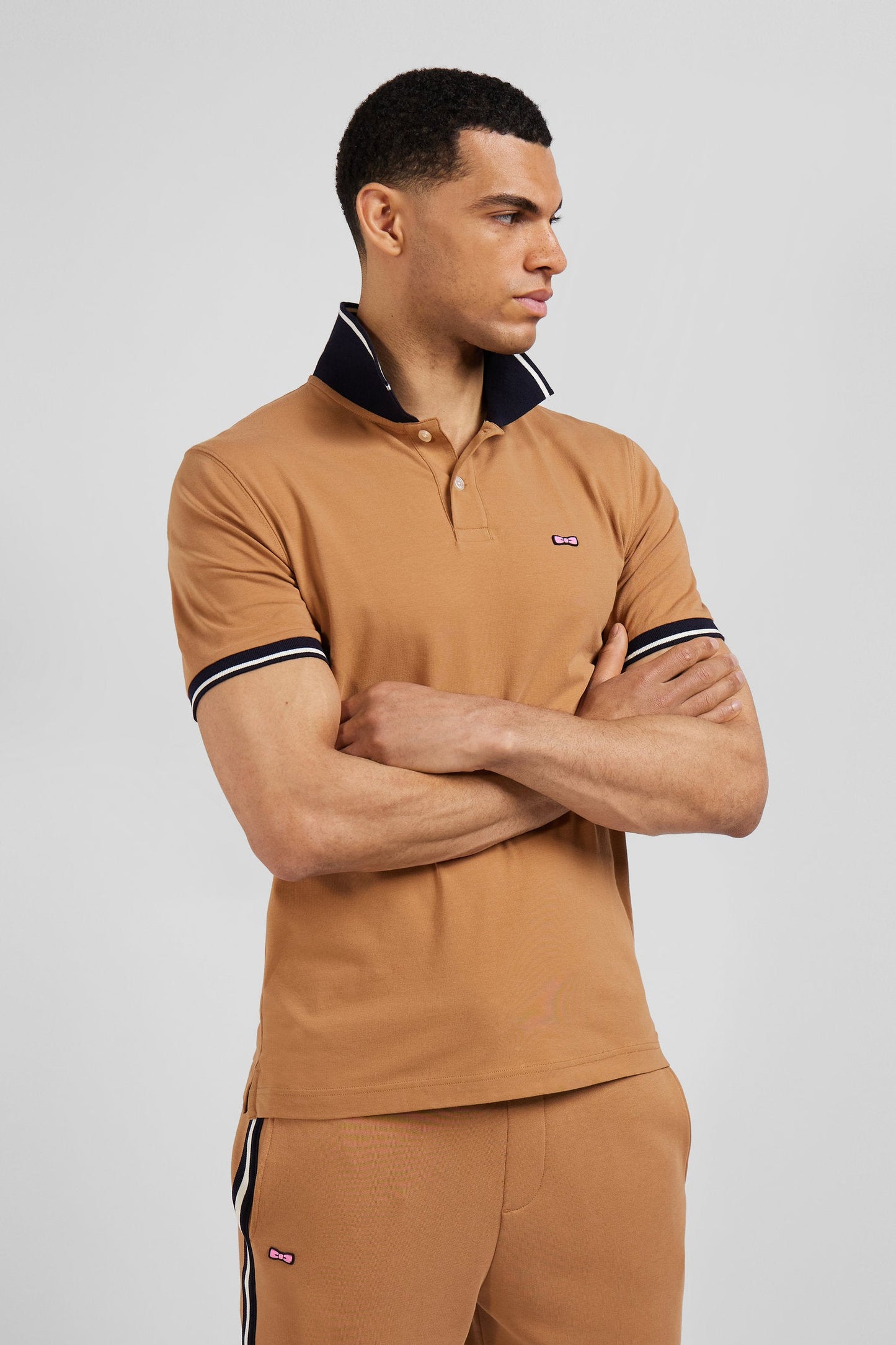 Polo manches courtes en coton stretch camel col jacquard Eden Park coupe Slim - Image 3