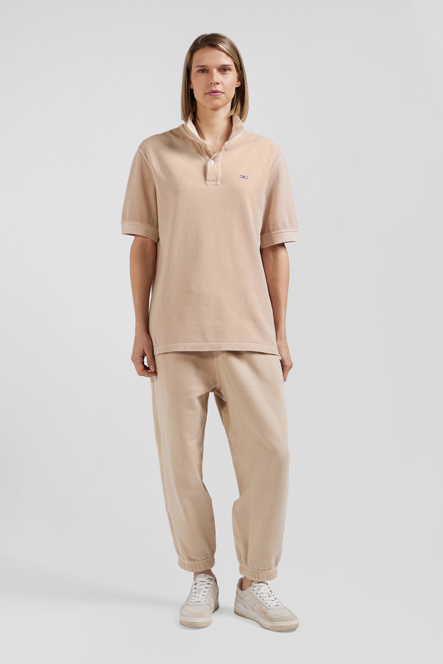 Polo manches courtes unisexe en piqué coton beige surteint coupe Oversized - Image 2