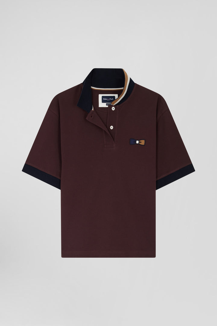 Oversized burgundy short-sleeved cotton piqué polo shirt with tricolour collar