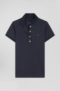 Slim navy blue plain stretch cotton short-sleeved polo shirt