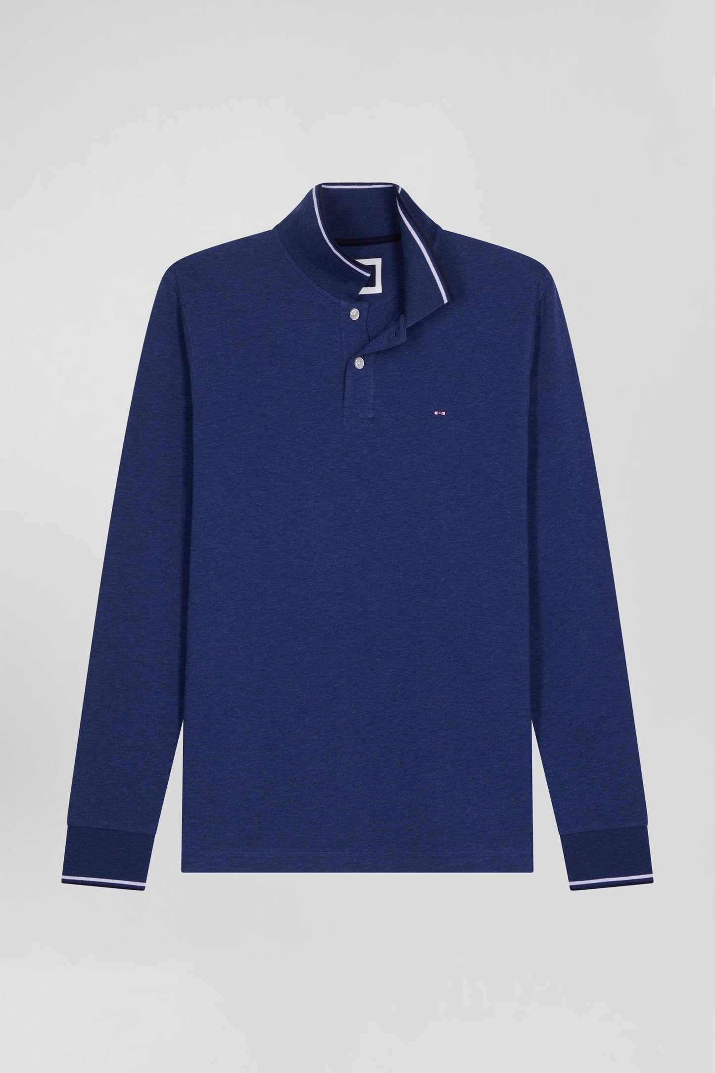 Polo manches longues bleu foncé en coton stretch finitions rayées - Image 2