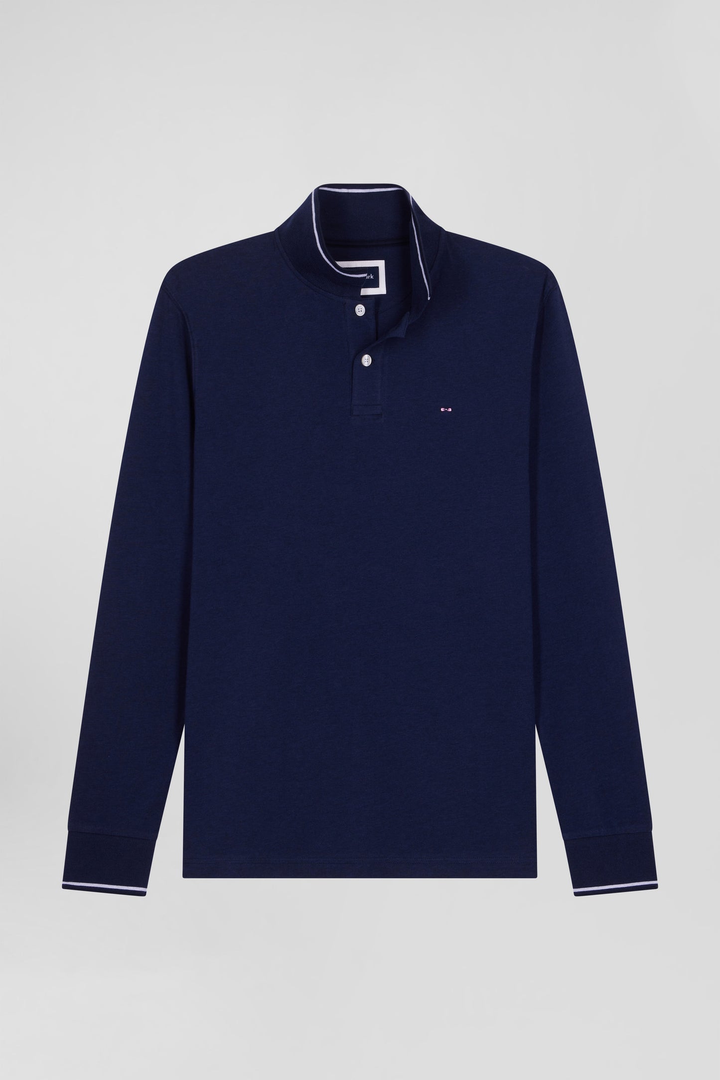 Slim navy blue long-sleeved stretch cotton polo shirt with striped finishes