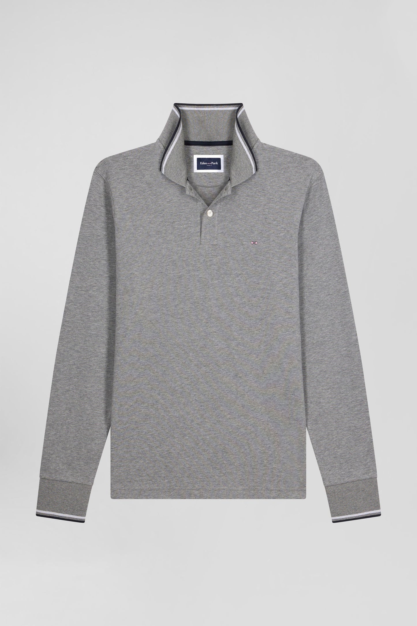 Polo manches longues gris en coton stretch finitions rayées - Image 2