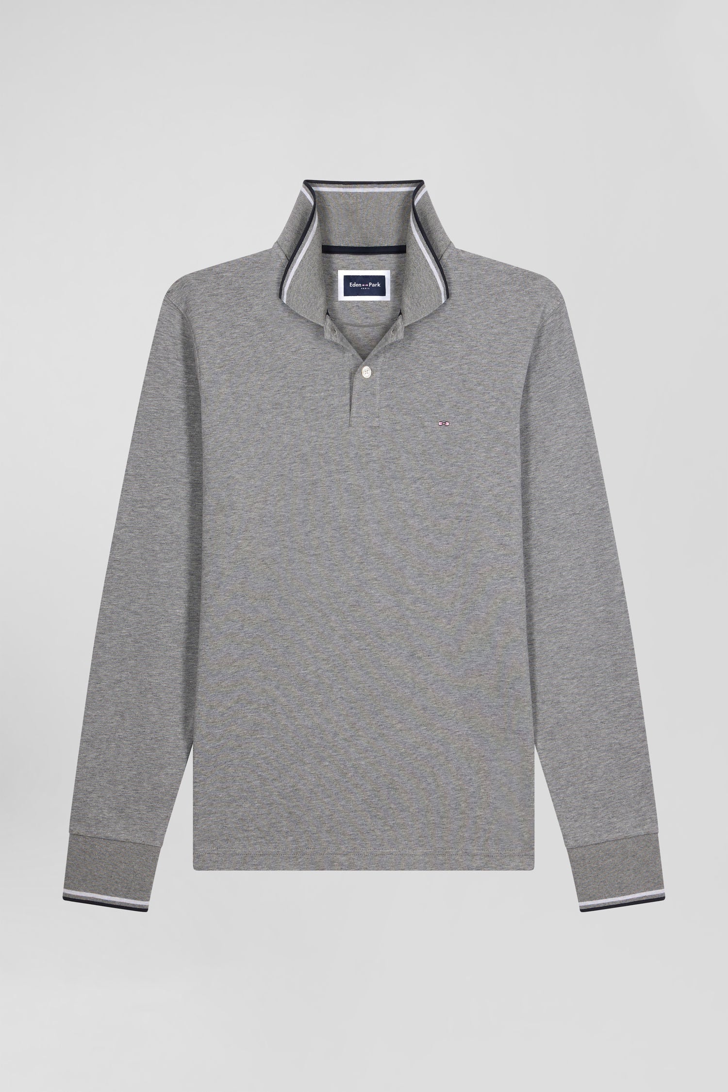 Polo manches longues gris en coton stretch finitions rayées