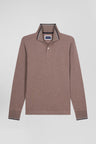 Slim brown long-sleeved stretch cotton polo shirt with striped finishes