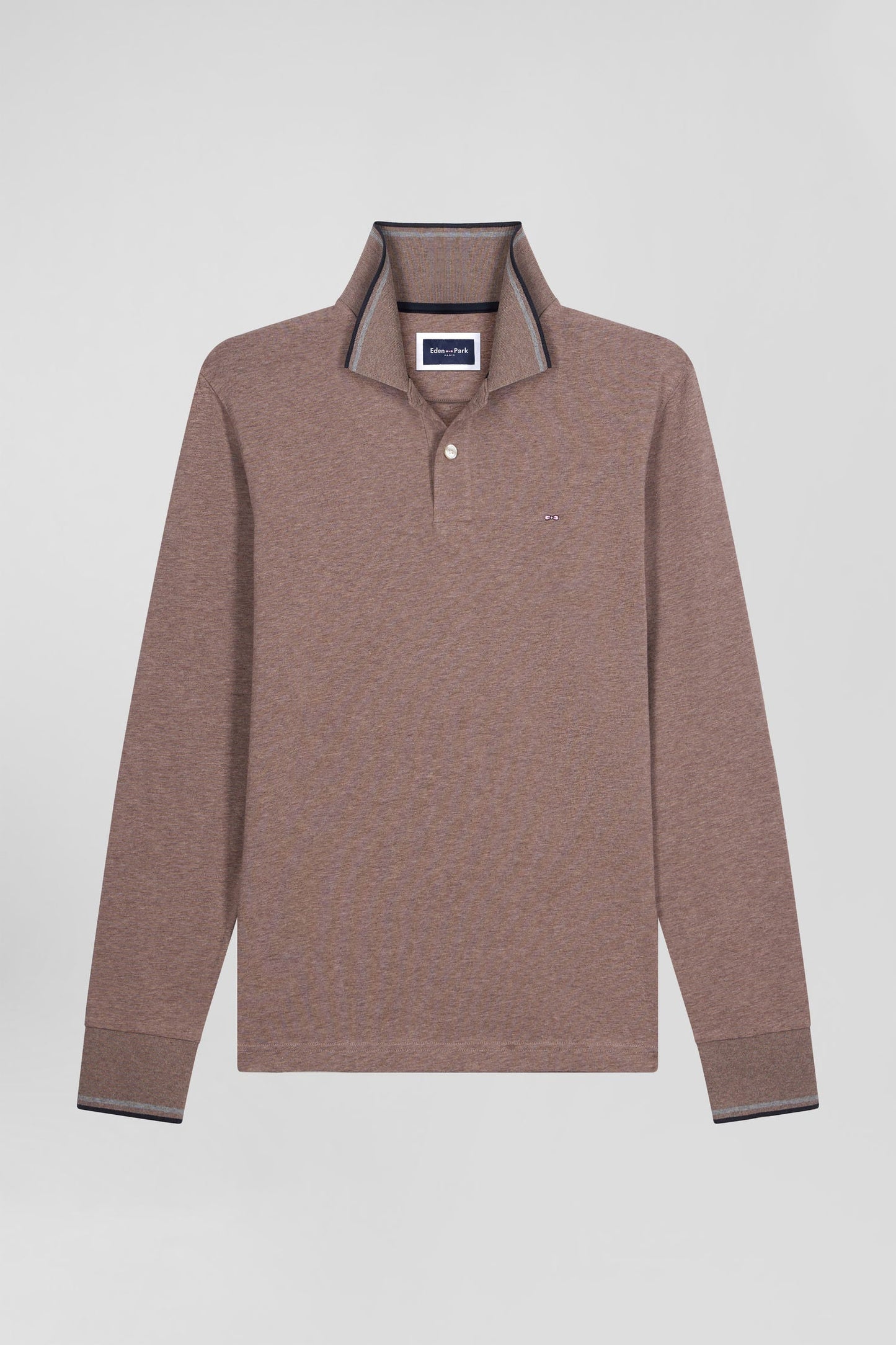 Polo manches longues marron en coton stretch finitions rayées - Image 2