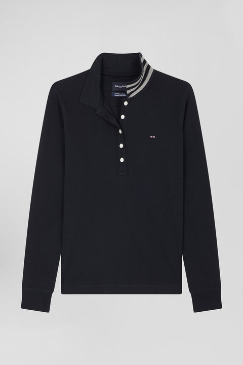 Slim black long-sleeved stretch cotton polo shirt with striped collar - Image 2