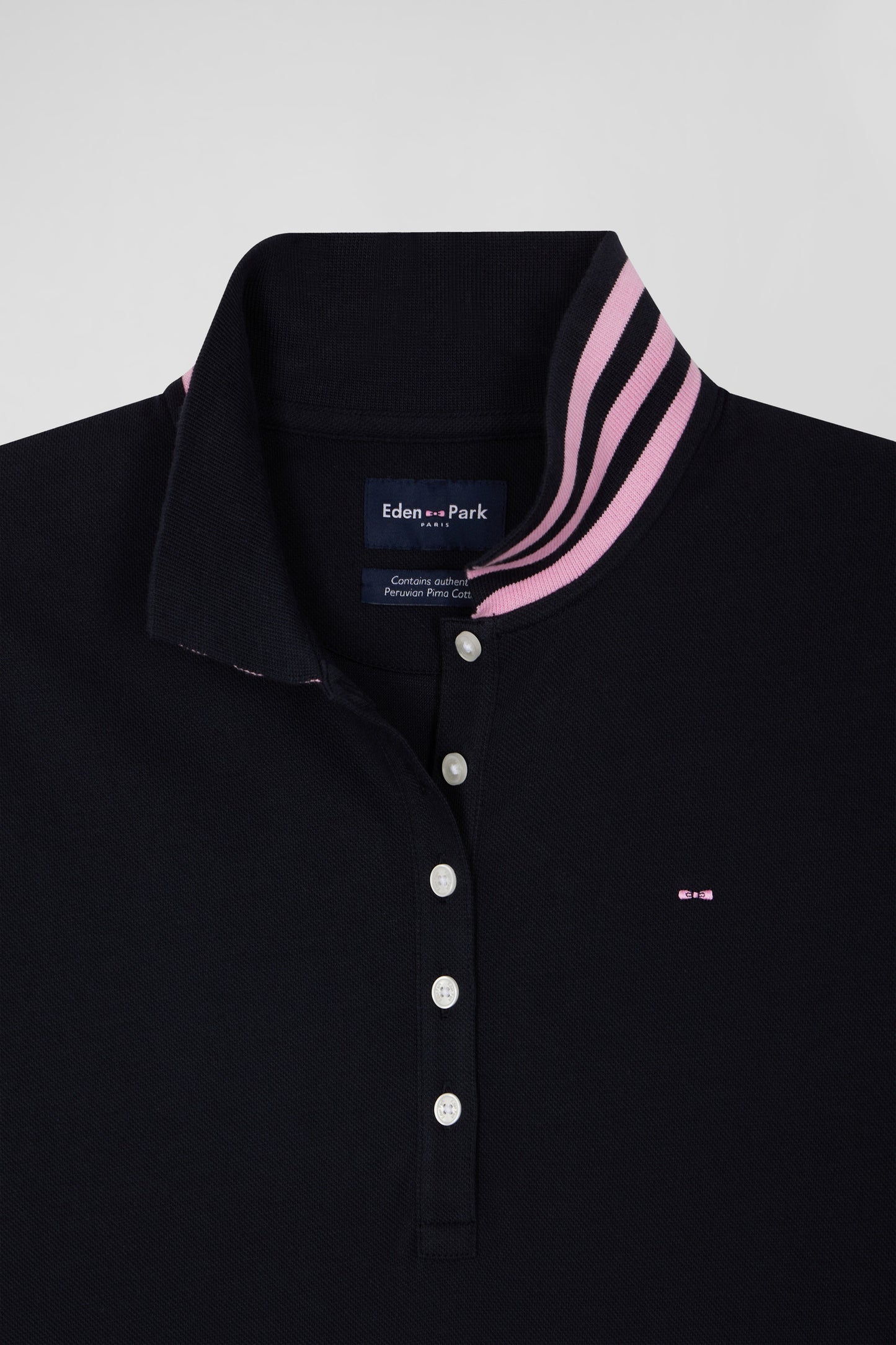 Slim navy blue long-sleeved stretch cotton polo shirt with striped collar