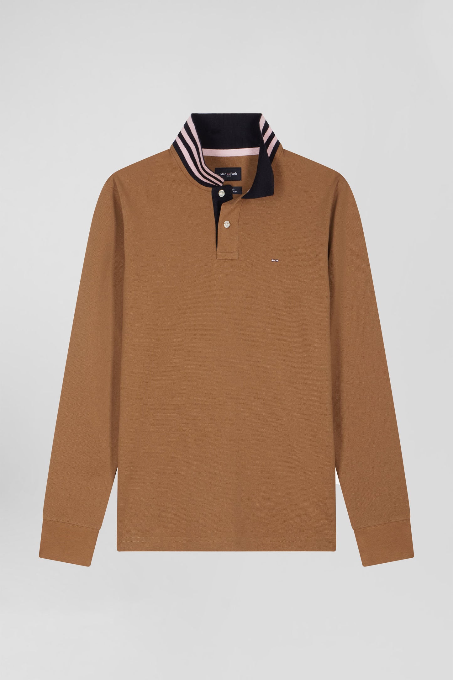Polo manches longues en piqué coton noisette col cerclé coupe Regular