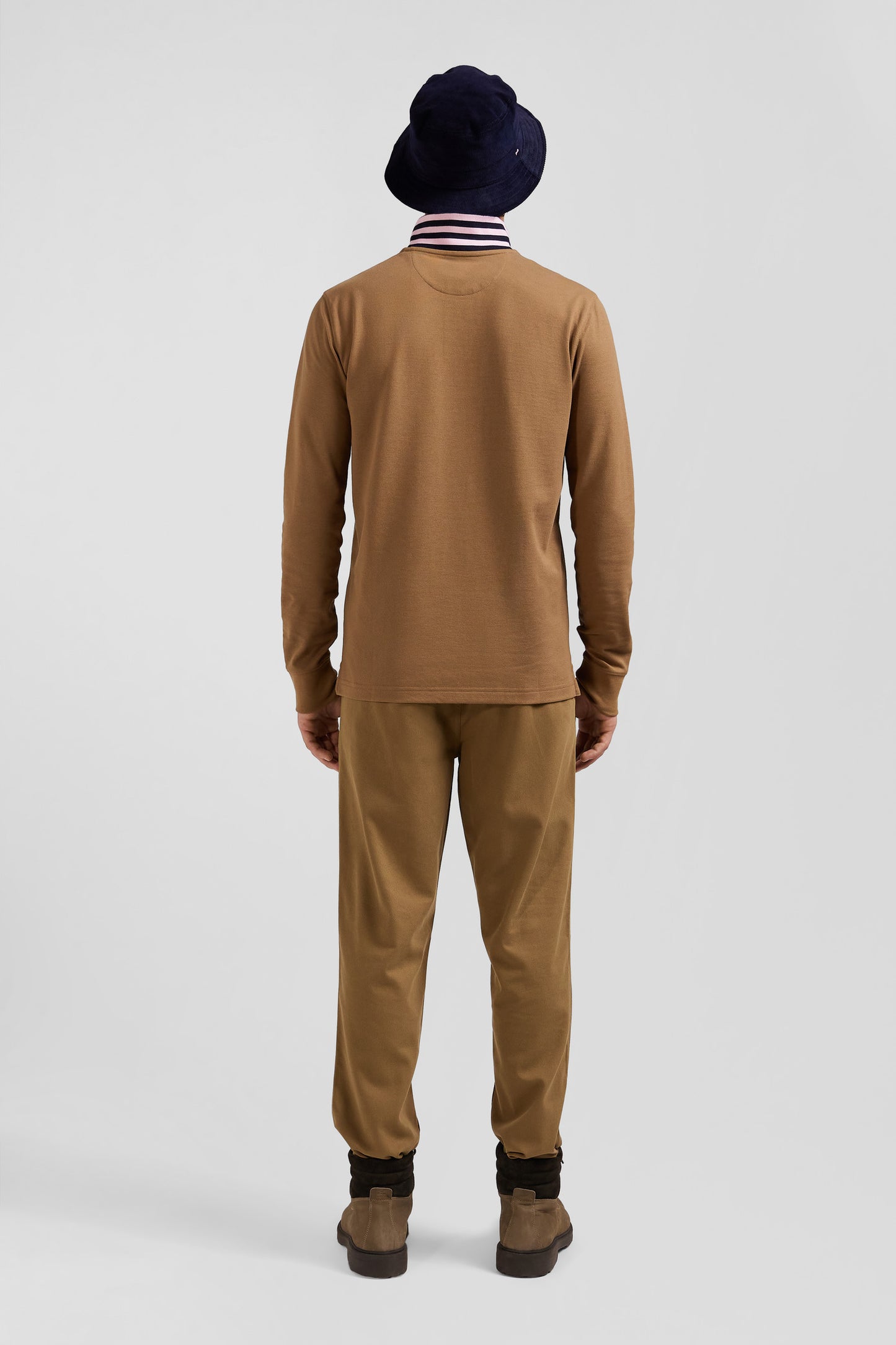 Polo manches longues en piqué coton noisette col cerclé coupe Regular