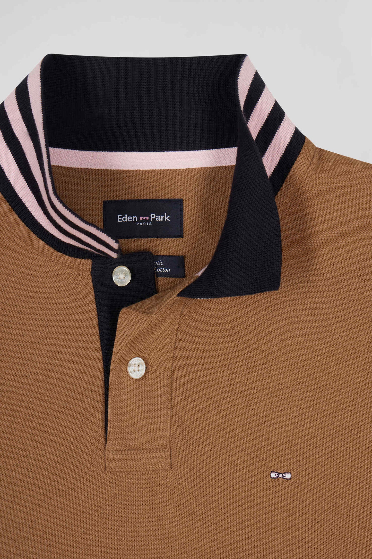 Polo manches longues en piqué coton noisette col cerclé coupe Regular