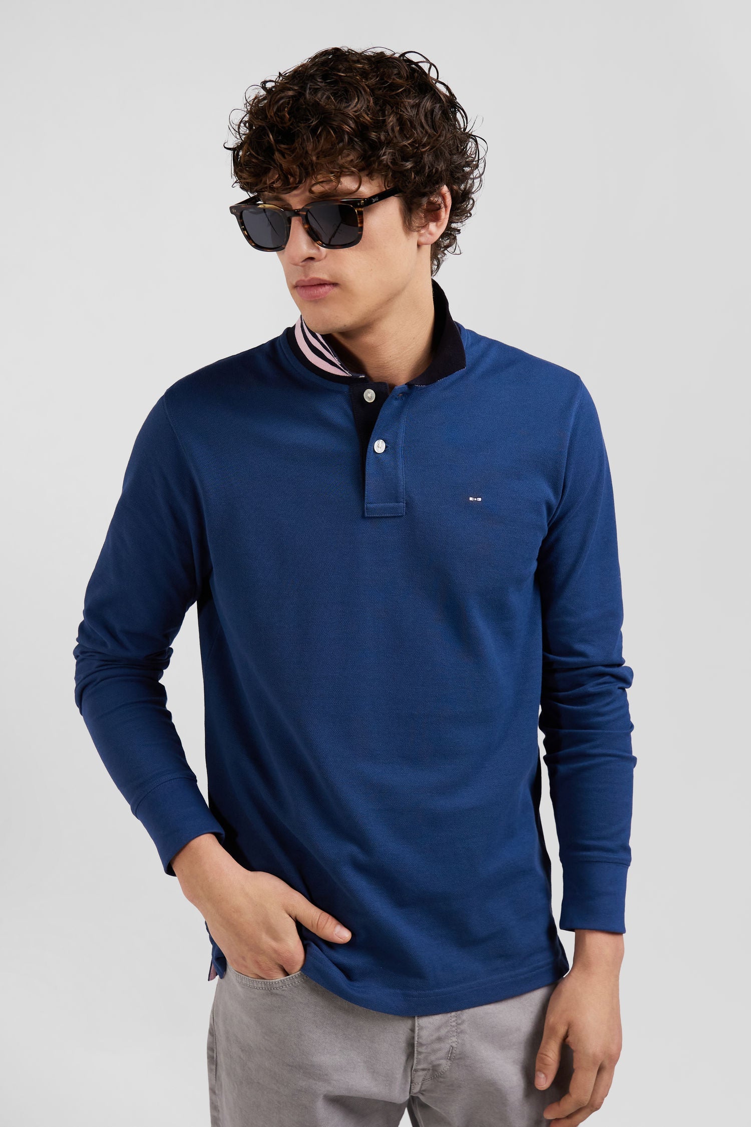 Polo manches longues en piqué coton bleu foncé col cerclé coupe Regular