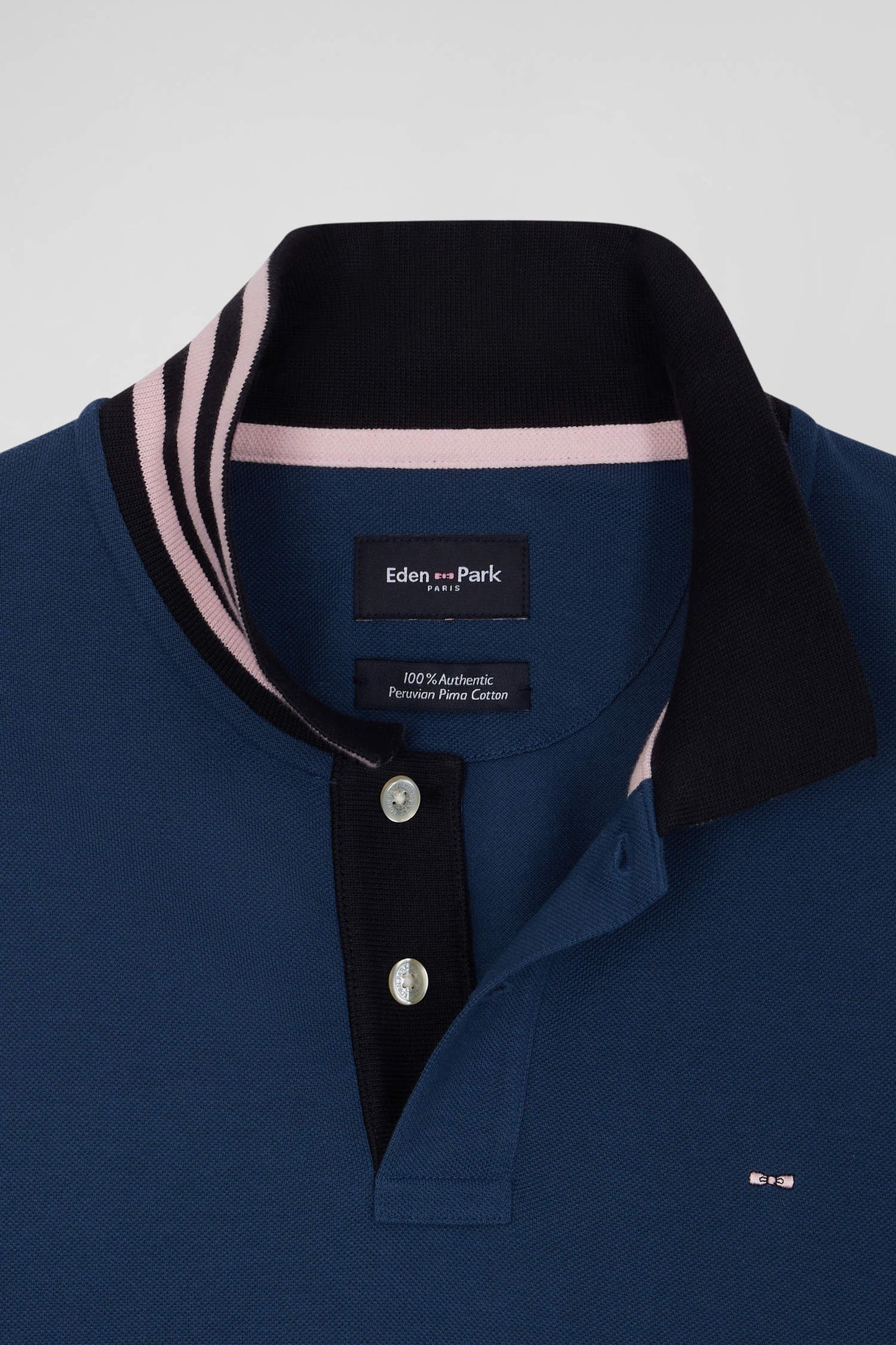 Regular dark blue long-sleeved cotton piqué polo shirt with striped collar