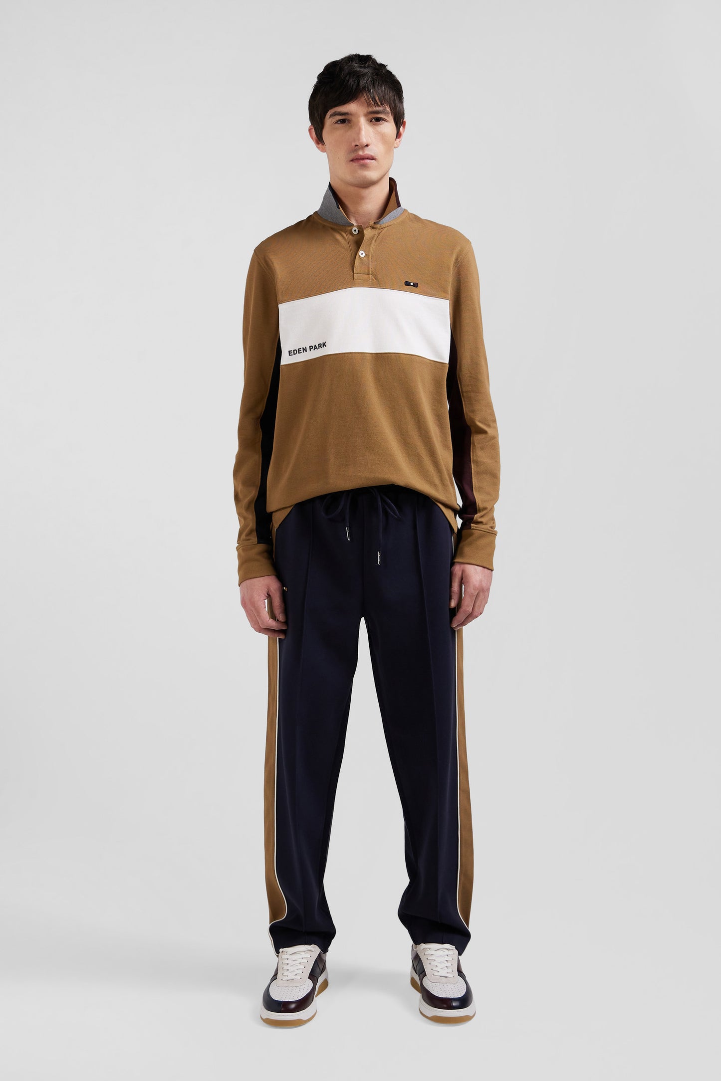 Polo manches longues colorblock en piqué coton noisette coupe Regular