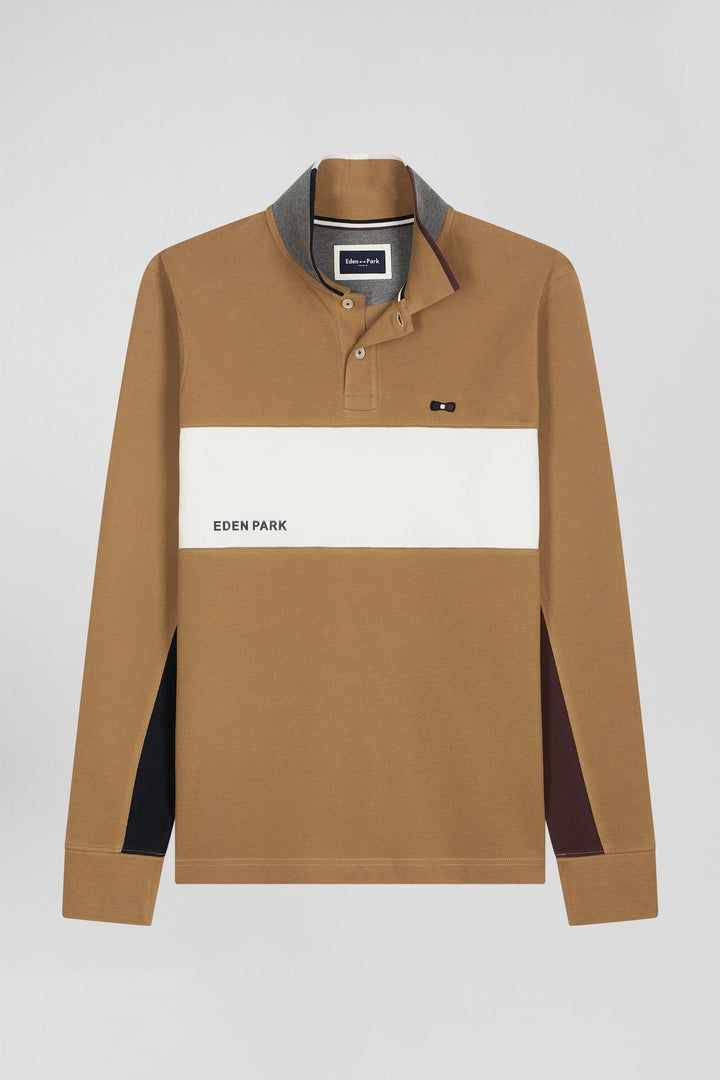 Polo manches longues colorblock en piqué coton camel coupe Regular alt view