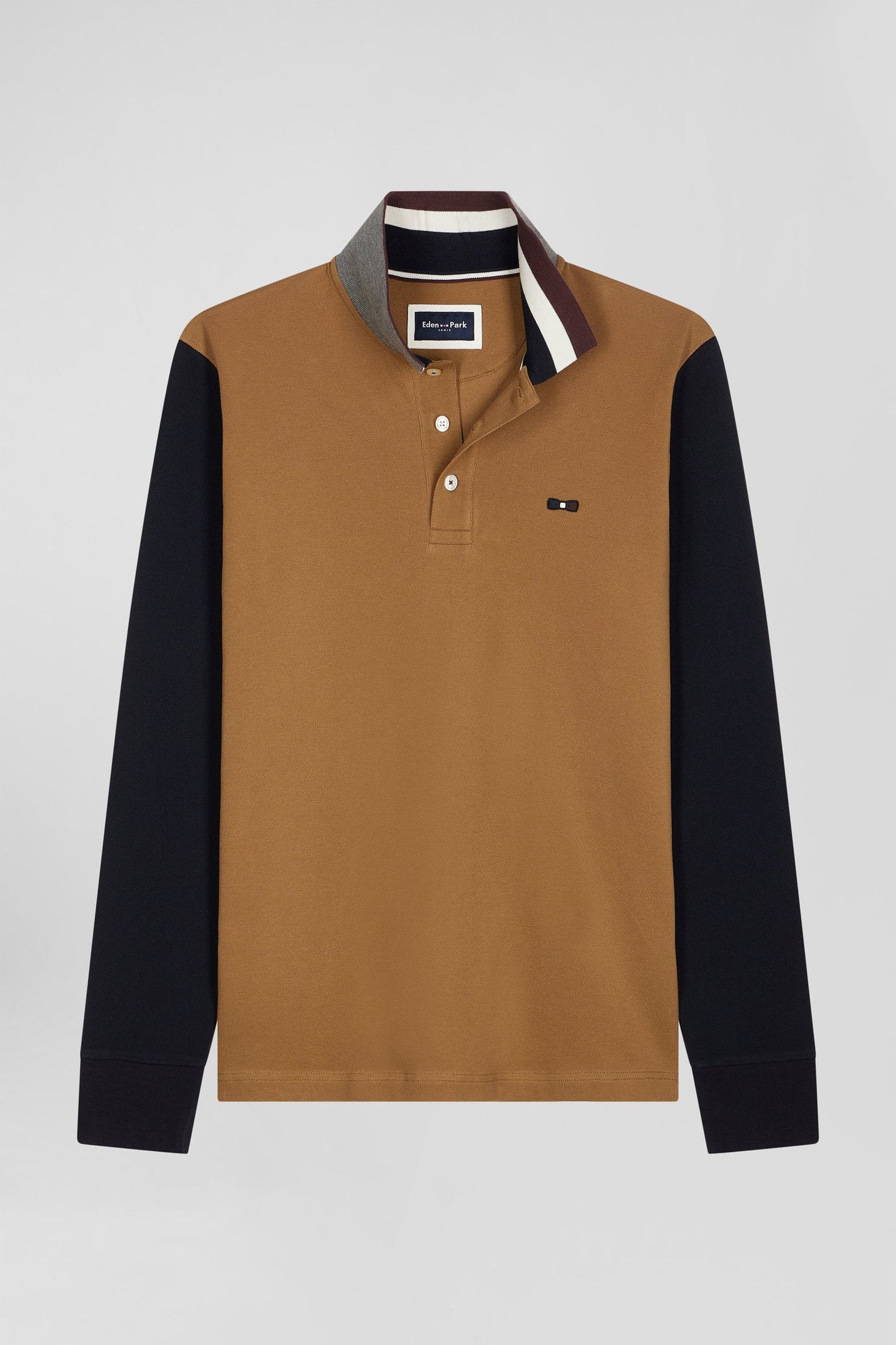 Polo manches longues en piqué coton bicolore camel col jacquard coupe Regular - Image 2