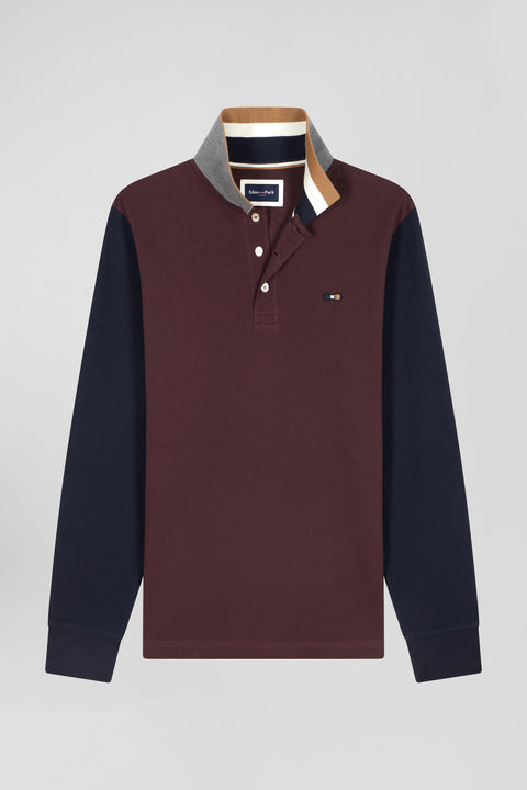 Regular burgundy bicolor long-sleeved cotton piqué polo shirt with jacquard collar - Image 2