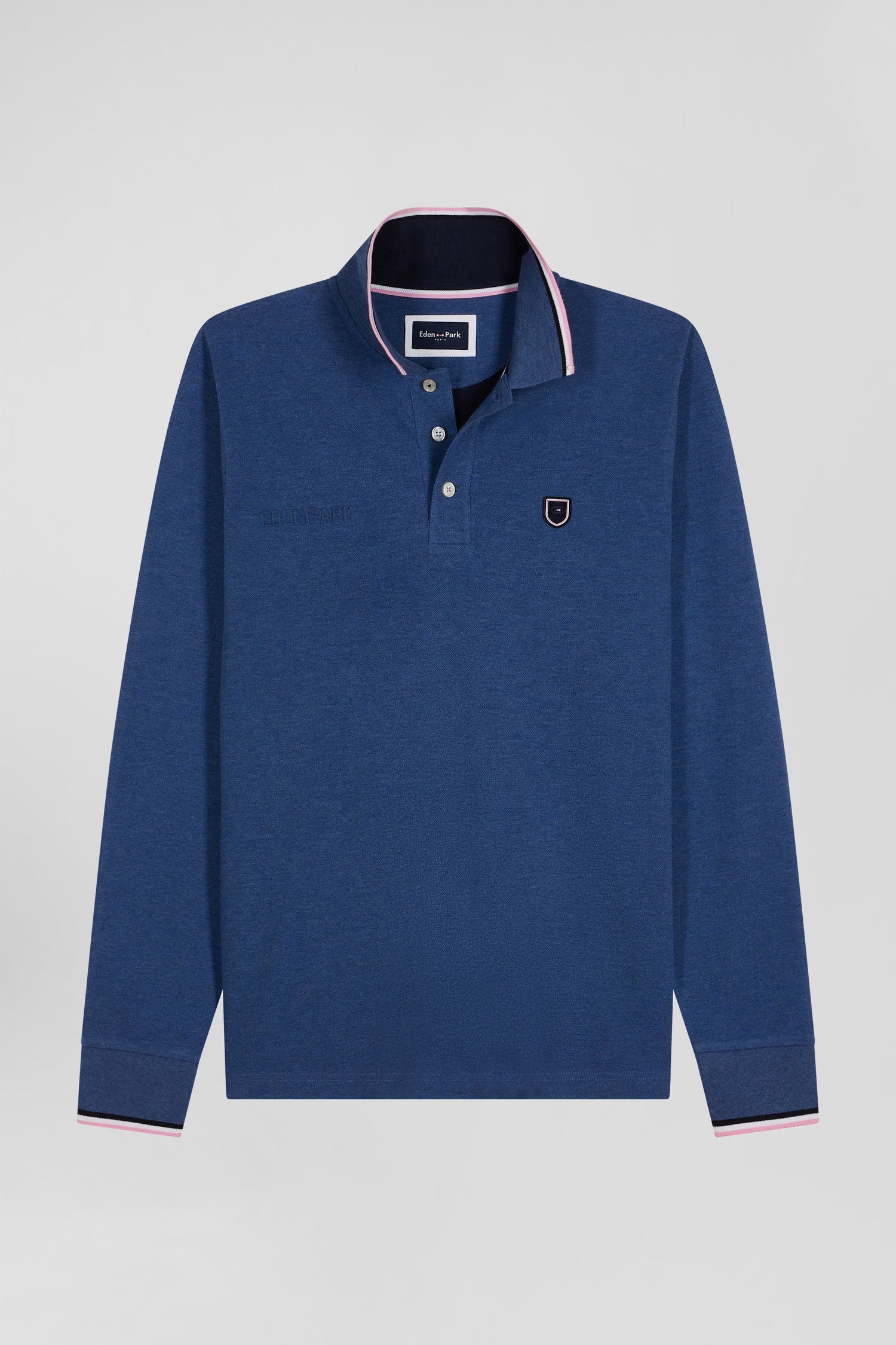 Polo manches longues en piqué coton bleu foncé détails tricolores coupe Regular