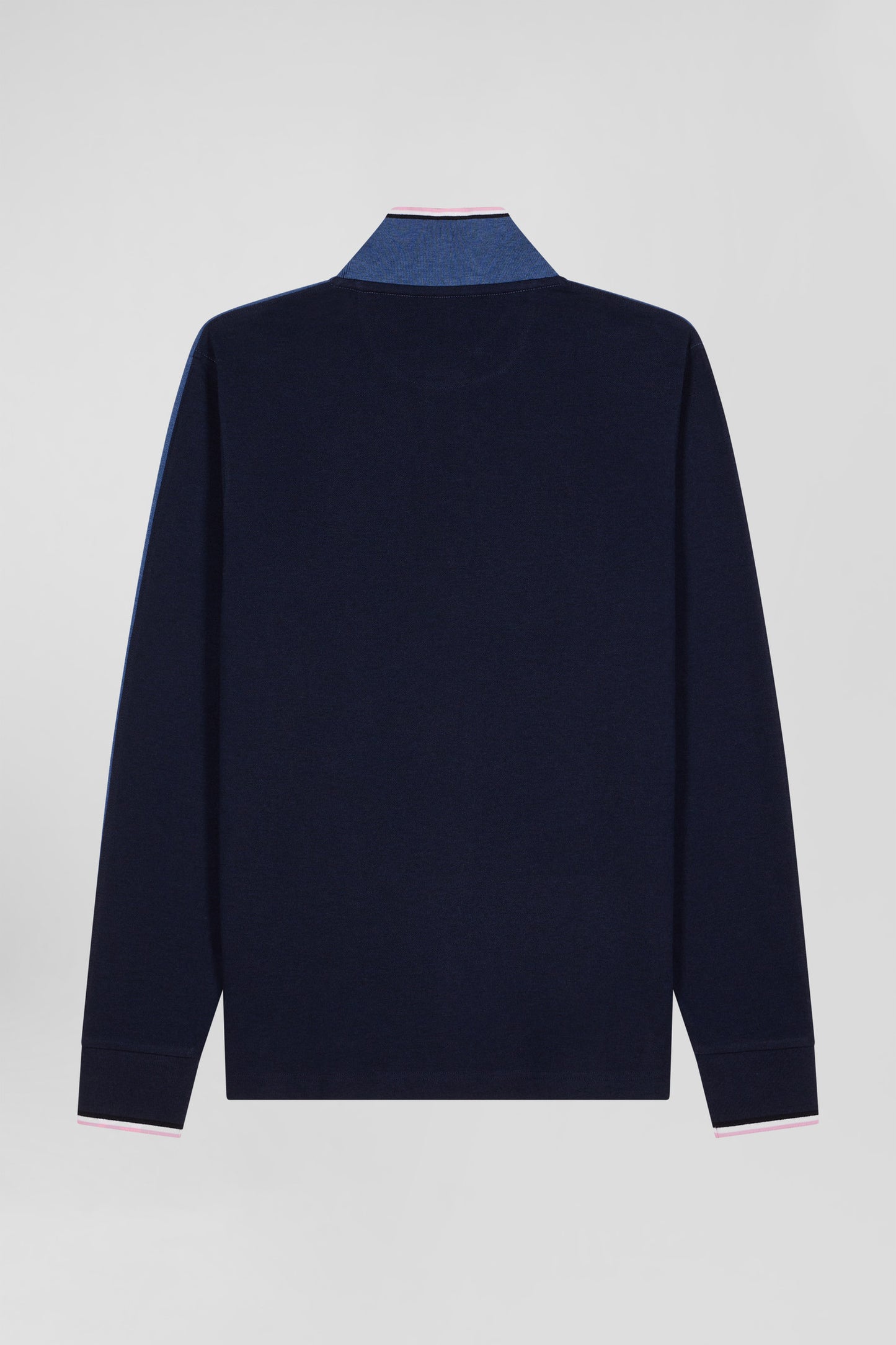 Regular dark blue long-sleeved cotton piqué polo shirt with tricolor details