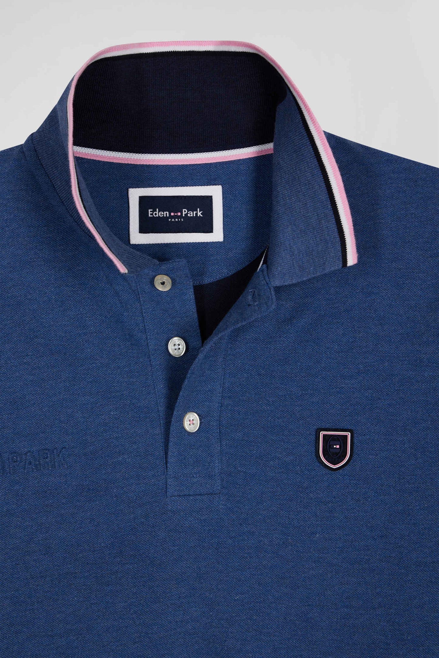 Regular dark blue long-sleeved cotton piqué polo shirt with tricolor details
