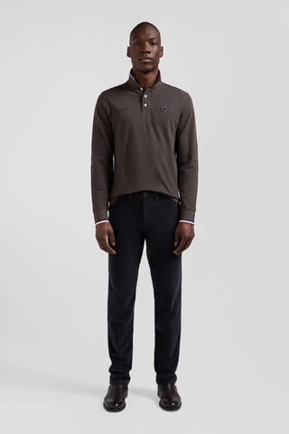 Polo manches longues en piqué coton marron détails tricolores coupe Regular