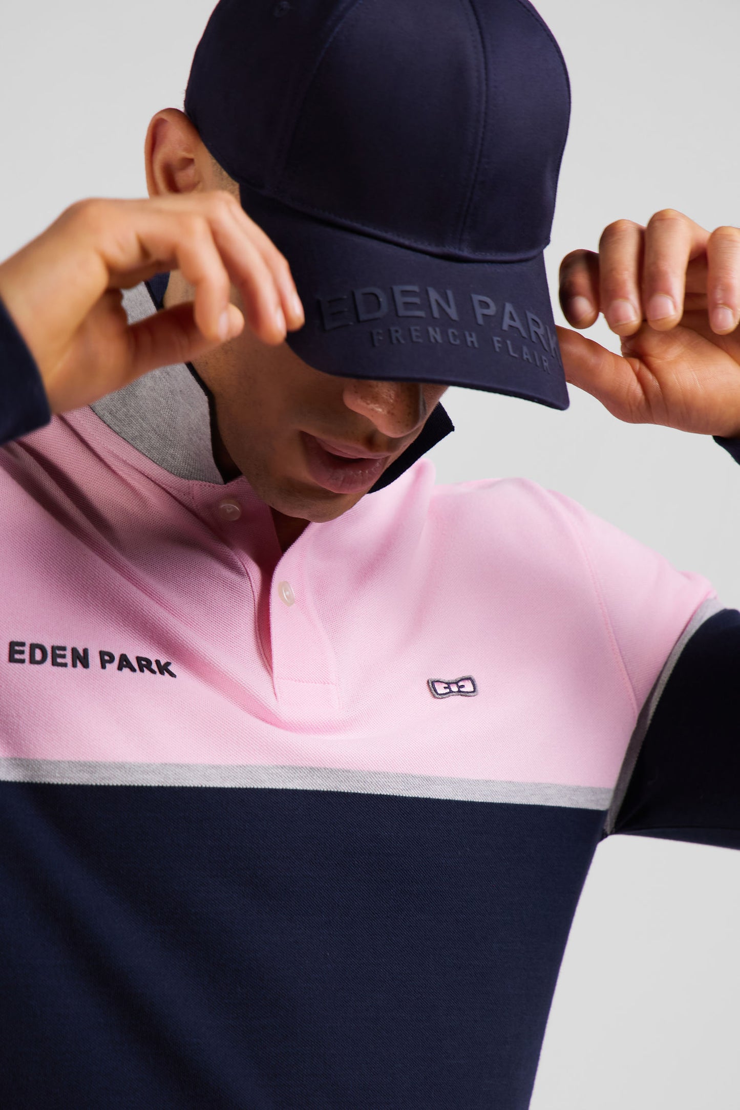 Regular navy blue bicolor long-sleeved cotton piqué polo shirt