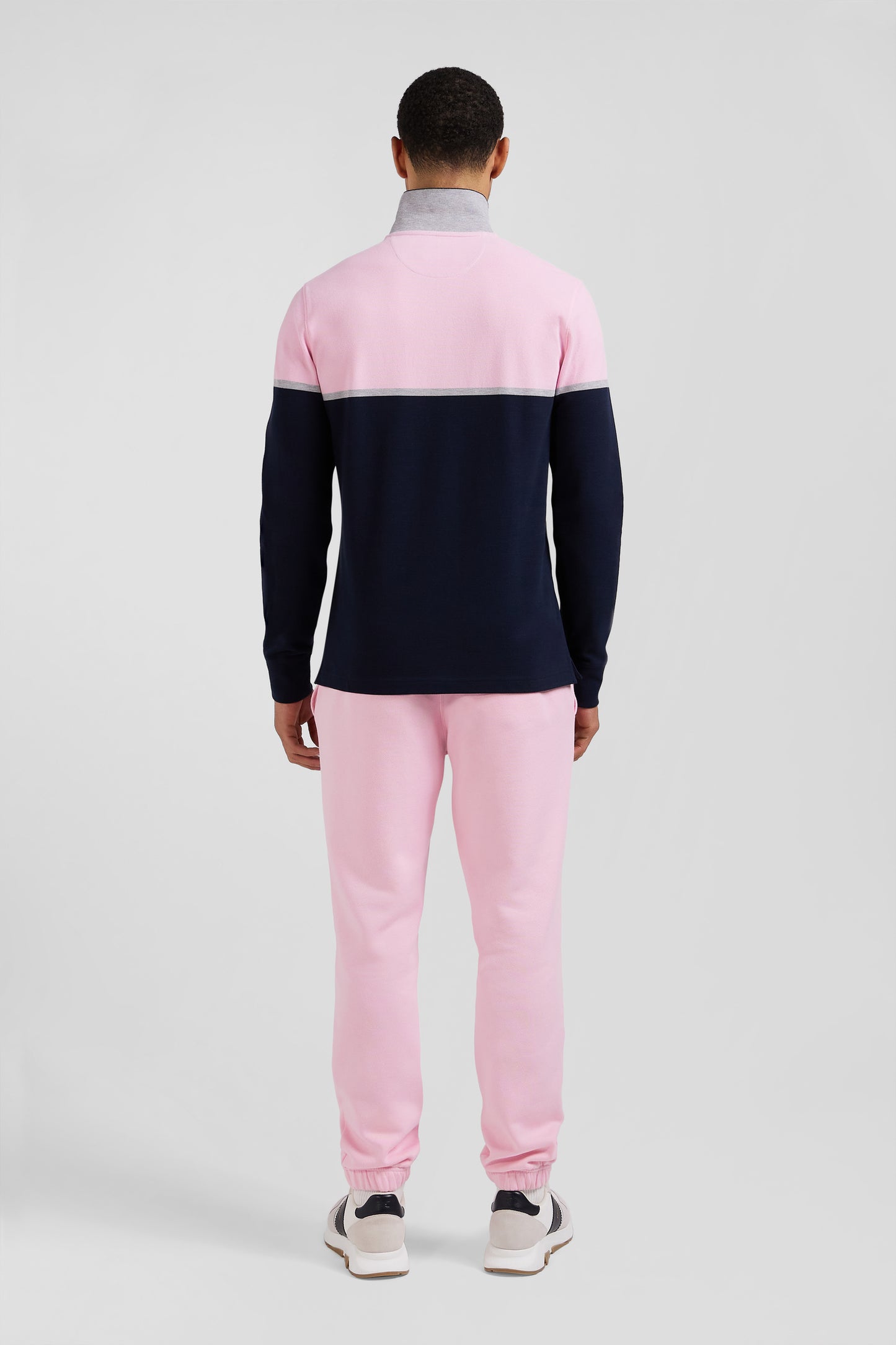 Regular navy blue bicolor long-sleeved cotton piqué polo shirt