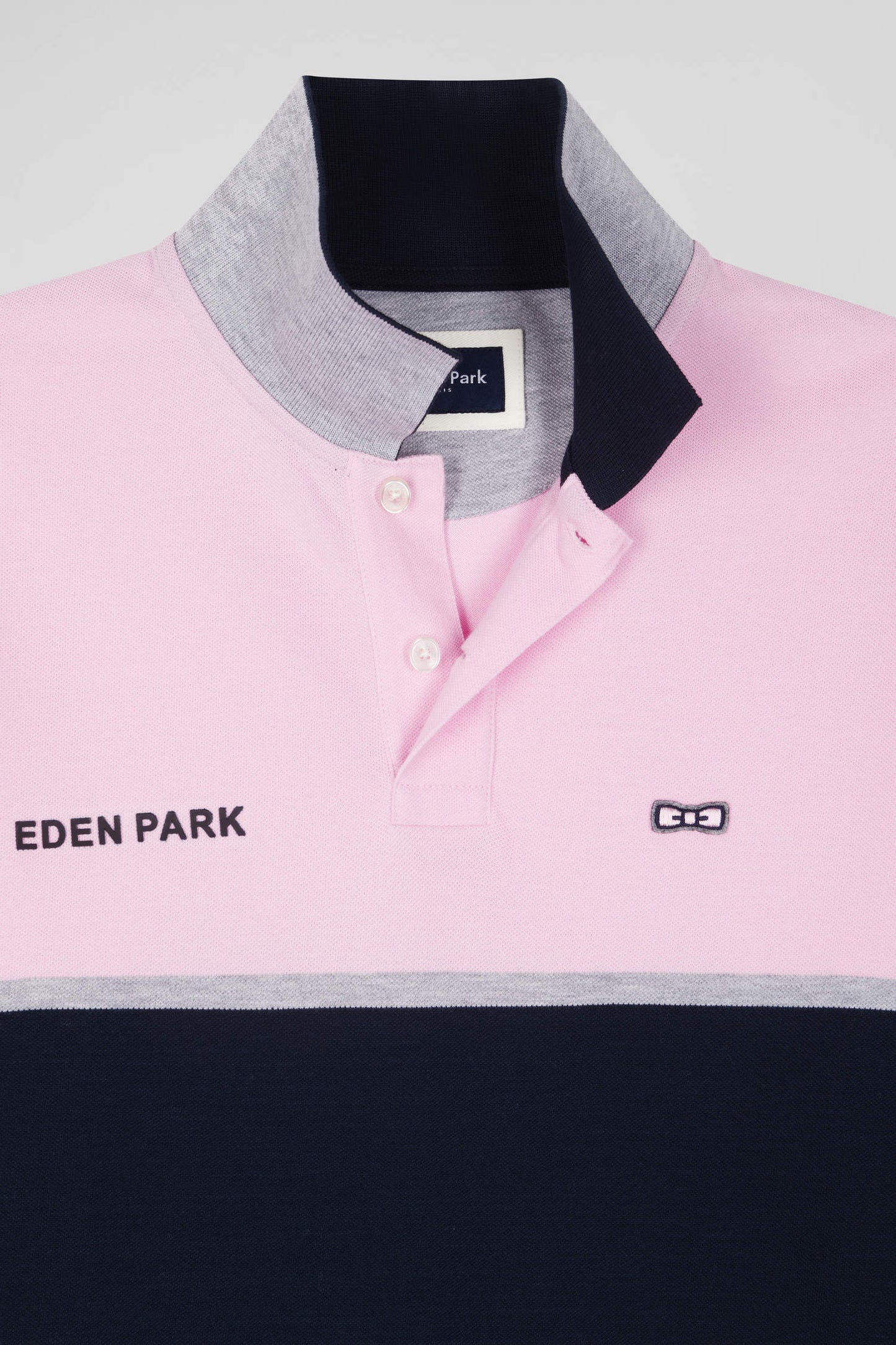 Regular navy blue bicolor long-sleeved cotton piqué polo shirt