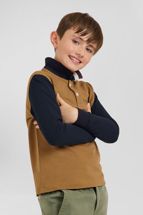 Polo manches longues en piqué coton noisette col tricolore jacquard Eden Park coupe Regular - Image 3