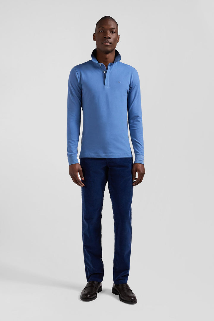 Polo manches longues en piqué coton bleu coupe Slim